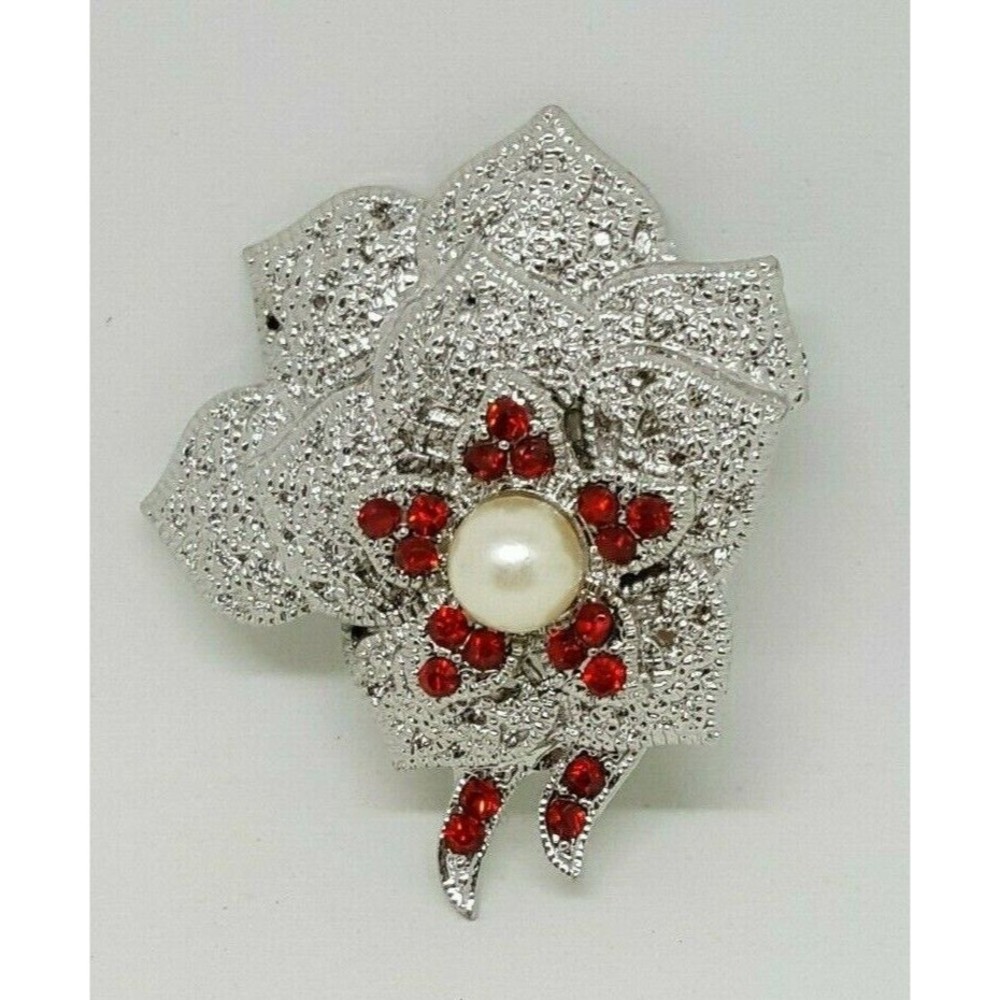 Flower Red Crystal Rhinestone Silver Tone Cute Brooch Pin White‎ Wedding Jewelry